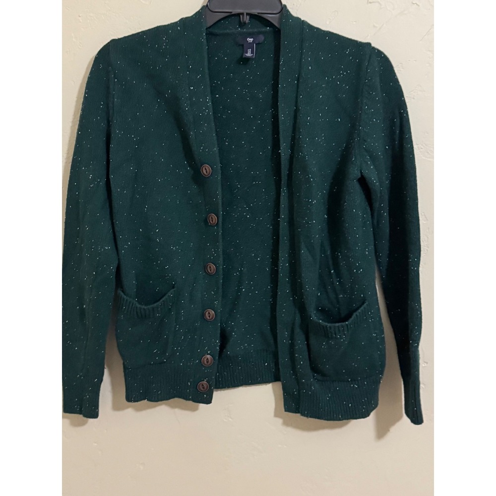 gap s dark green speckled cardigan shawl collar button pockets cotton wool blend